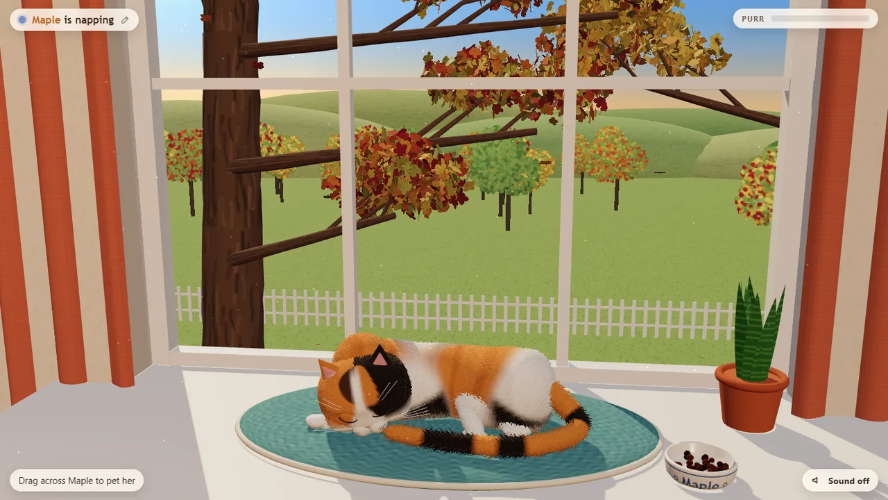 CatNap gameplay: a fluffy calico cat rests on a sunny windowsill beside her named food bowl, with a leafy garden outside.