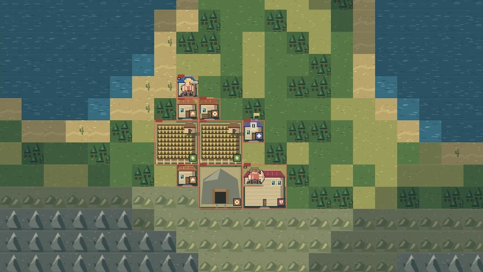 Frontier's pixel-art civilization: farm fields, houses and military buildings beside a wooded coast and mountain ridge.