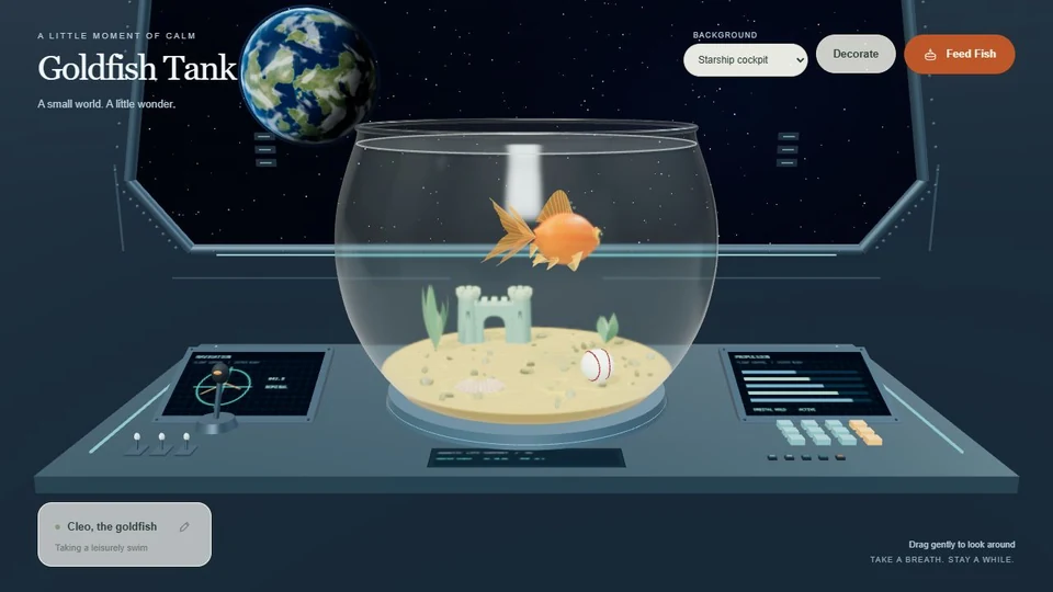 Cleo the orange goldfish swims in a glass bowl with a miniature castle and baseball on a starship console overlooking a planet.