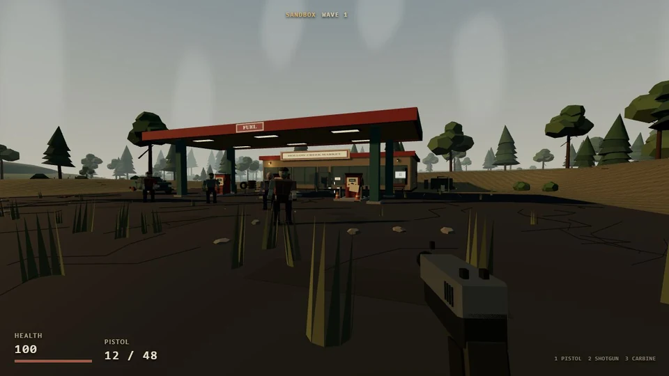 First-person view of Hollow Creek Market, fuel pumps and approaching zombies at a gas station surrounded by wooded hills.