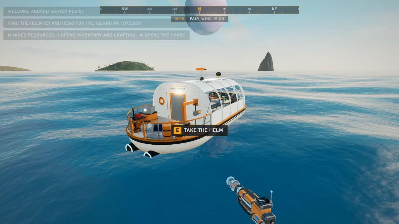 Tidebound gameplay showing a white survey boat on a blue alien ocean, distant islands and a construction tool.
